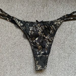 Agent Provocateur Black and Gold Satin and Lace Thong Size 3